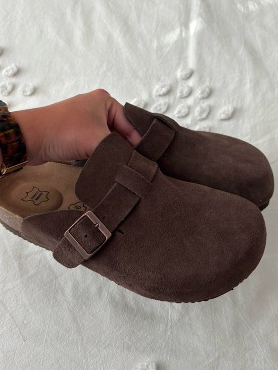 Shoes - Dark Brown Suede Slip-On Clogs with Buckle